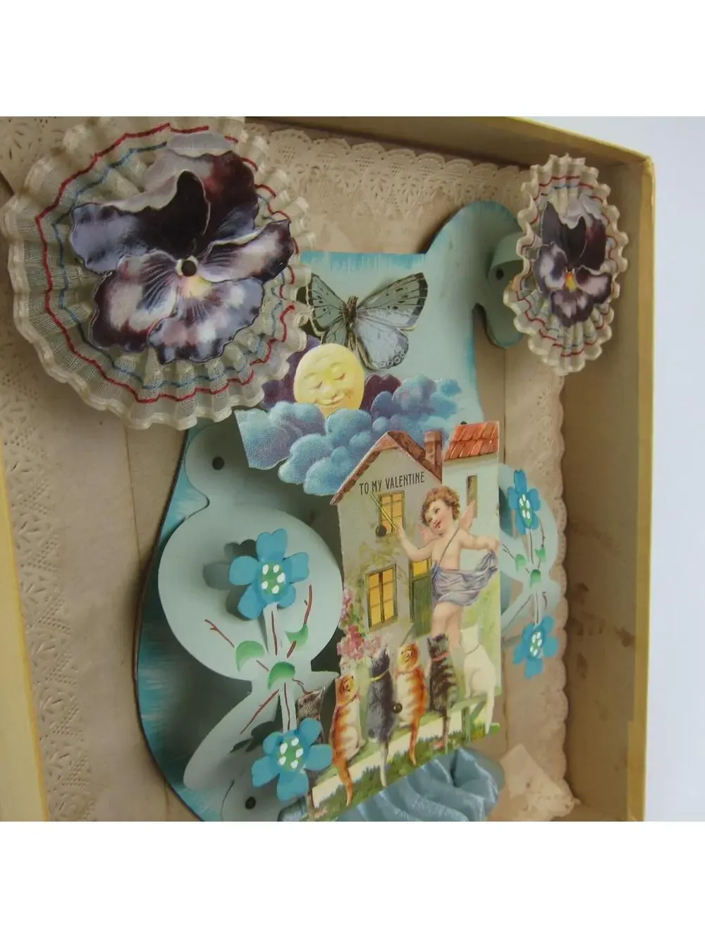 Antique Valentine 3D Cupid Cats Butterfly Moon Blue Fabric Large Store Box RARE
